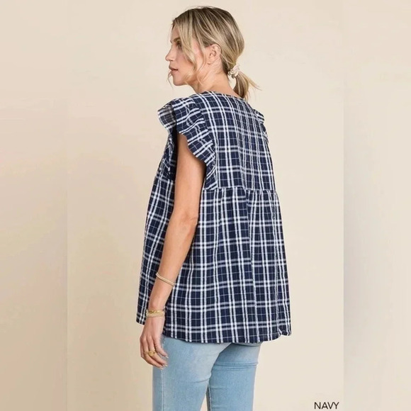 Women’s Navy Ruffle Plaid V Neck Top - Picture 3 of 5